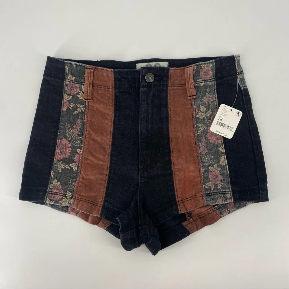 Free People Patchwork High Rise Corduroy Black Denim Shorts - Picture 4 of 8